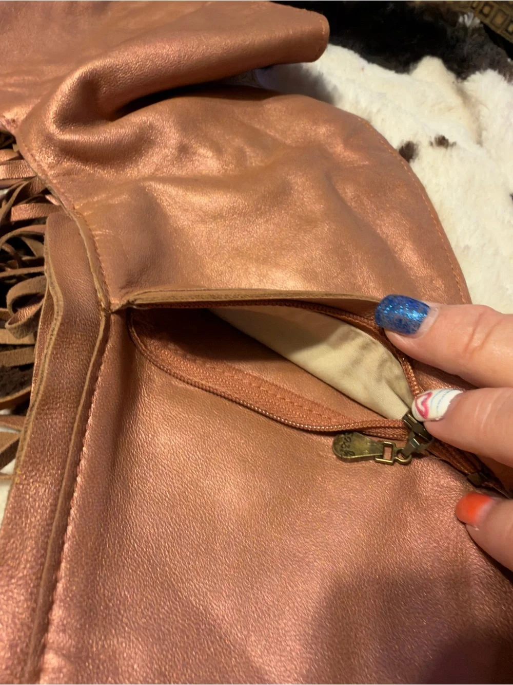 Fringed MetallicLeather Rose Gold Shoulder Bag